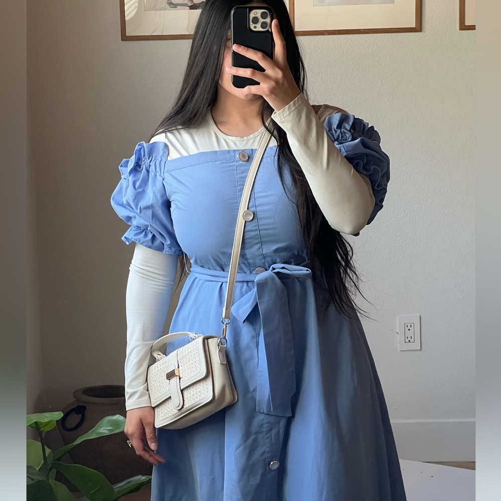 SHEIN Blue Buttoned Tie Front Puff Sleeve Maxi Dress